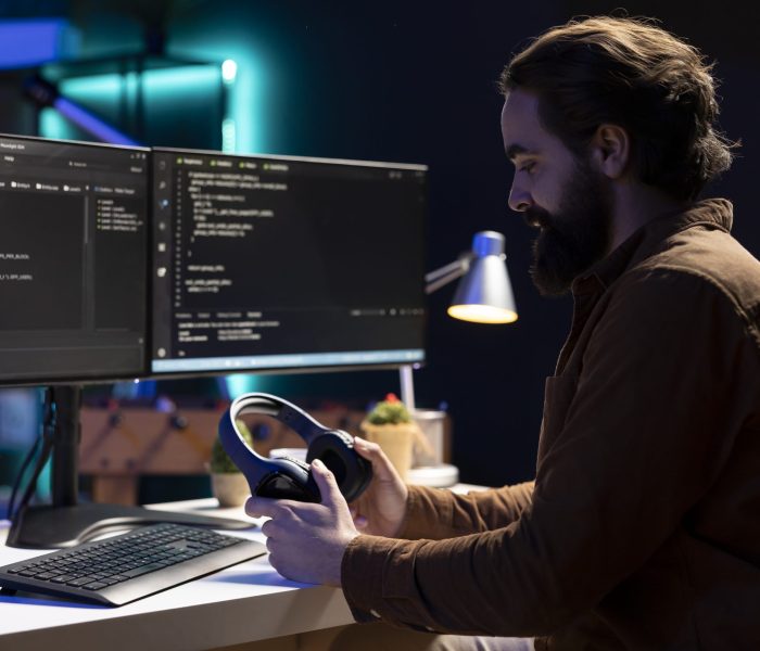 Programmer putting headphones on while implementing security measures to protect company systems and data. IT admin listening music, testing and debugging code for software applications